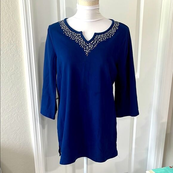 Quaker Factory  Blue Women's Top with Embellished Neckline - Picture 1 of 8